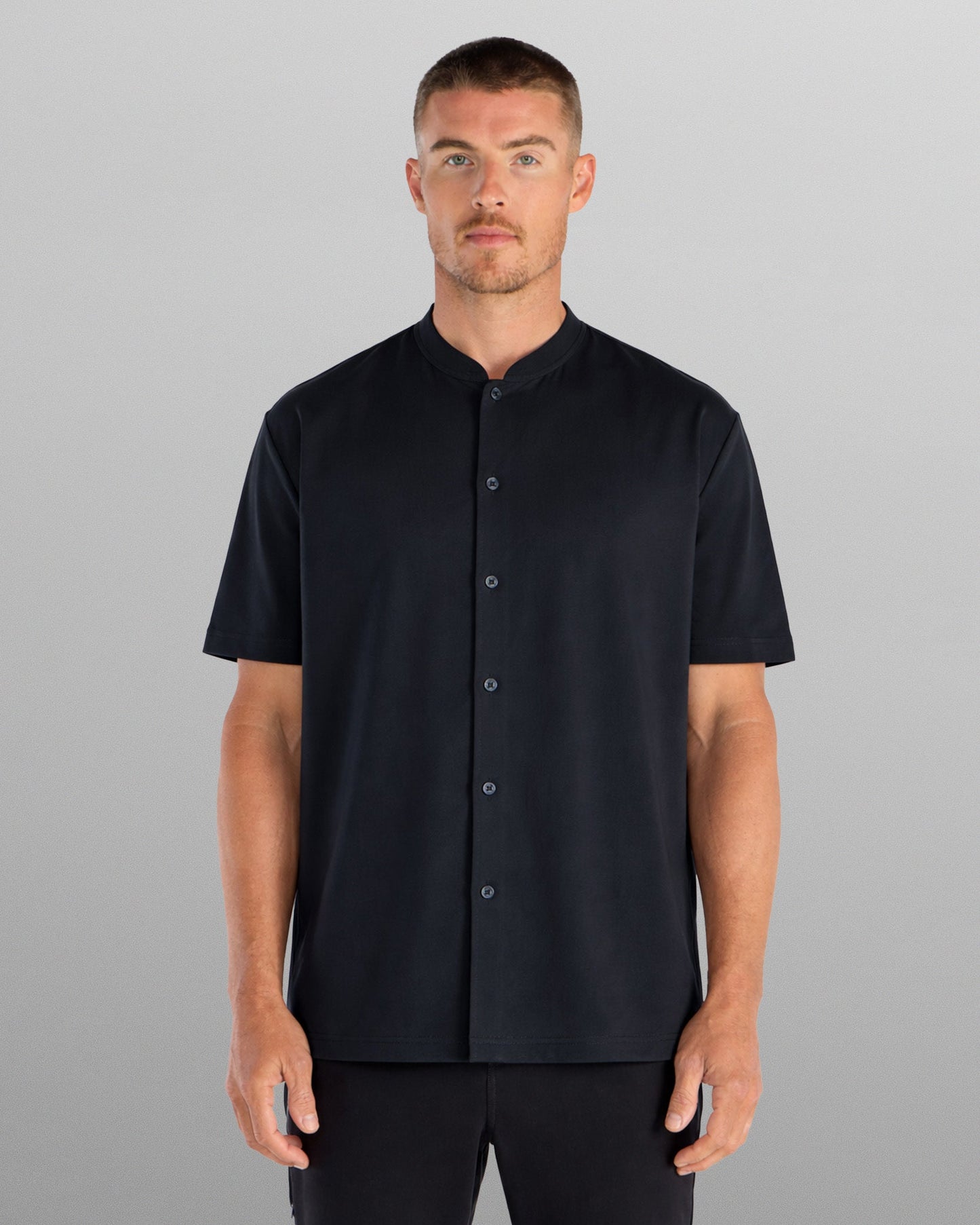 LUX Stand Collar Short Sleeve Button Down