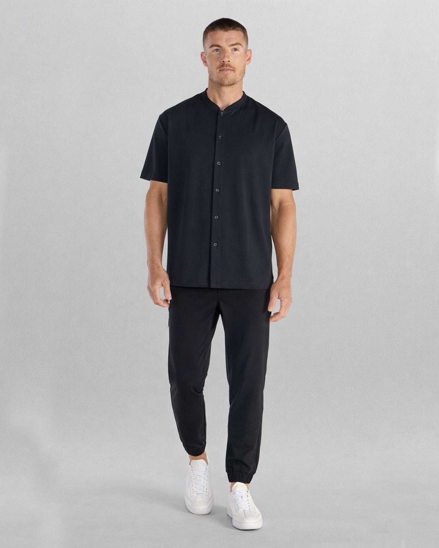 LUX Stand Collar Short Sleeve Button Down