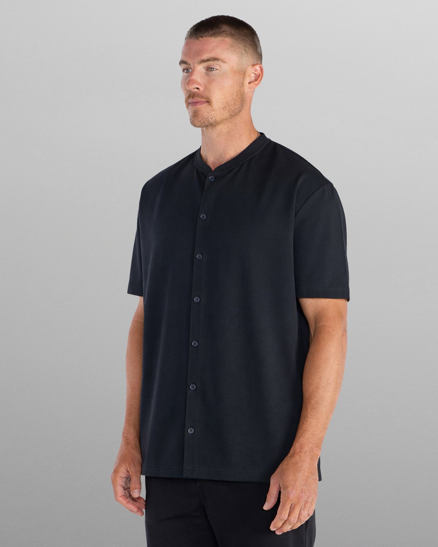 LUX Stand Collar Short Sleeve Button Down