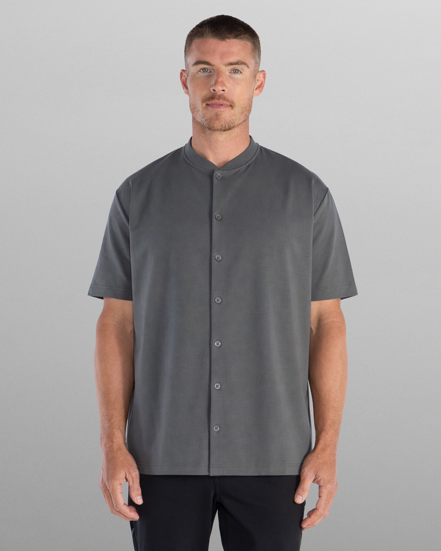LUX Stand Collar Short Sleeve Button Down