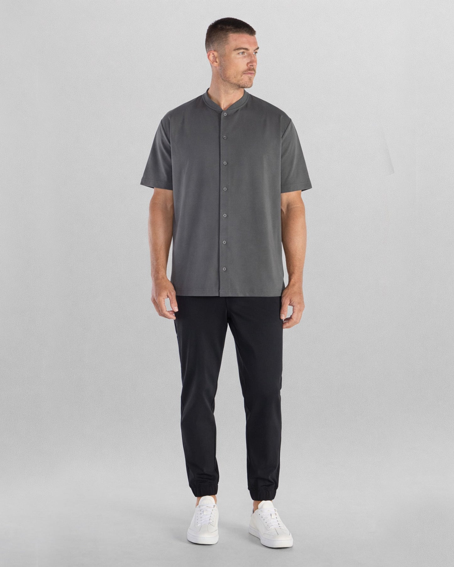 LUX Stand Collar Short Sleeve Button Down