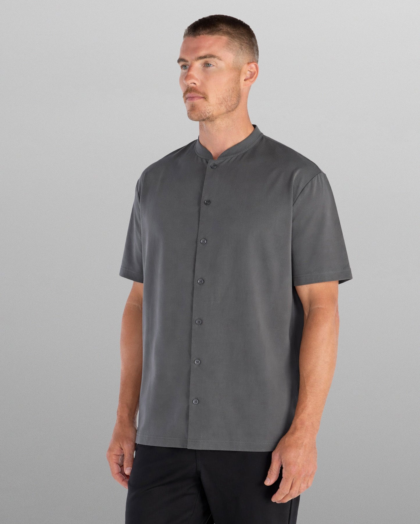 LUX Stand Collar Short Sleeve Button Down