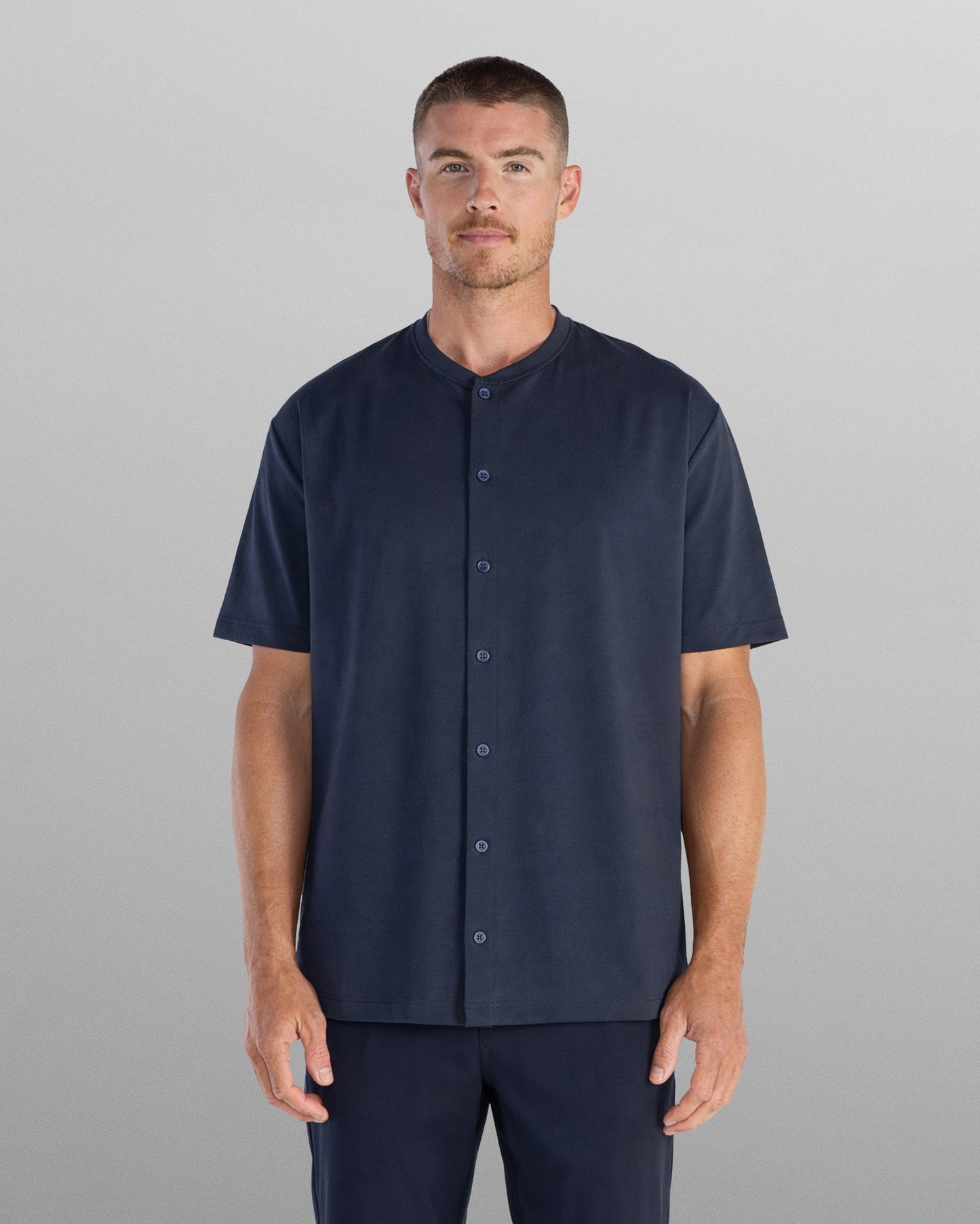 LUX Stand Collar Short Sleeve Button Down