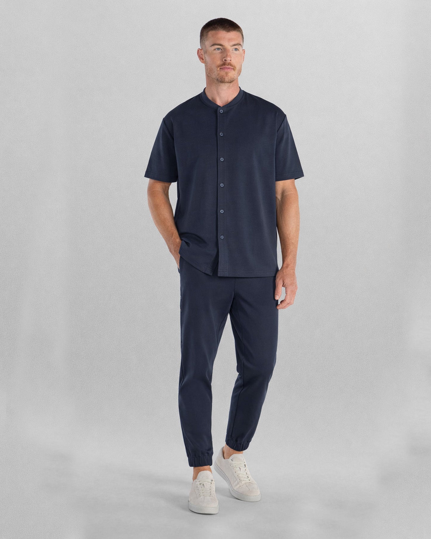 LUX Stand Collar Short Sleeve Button Down