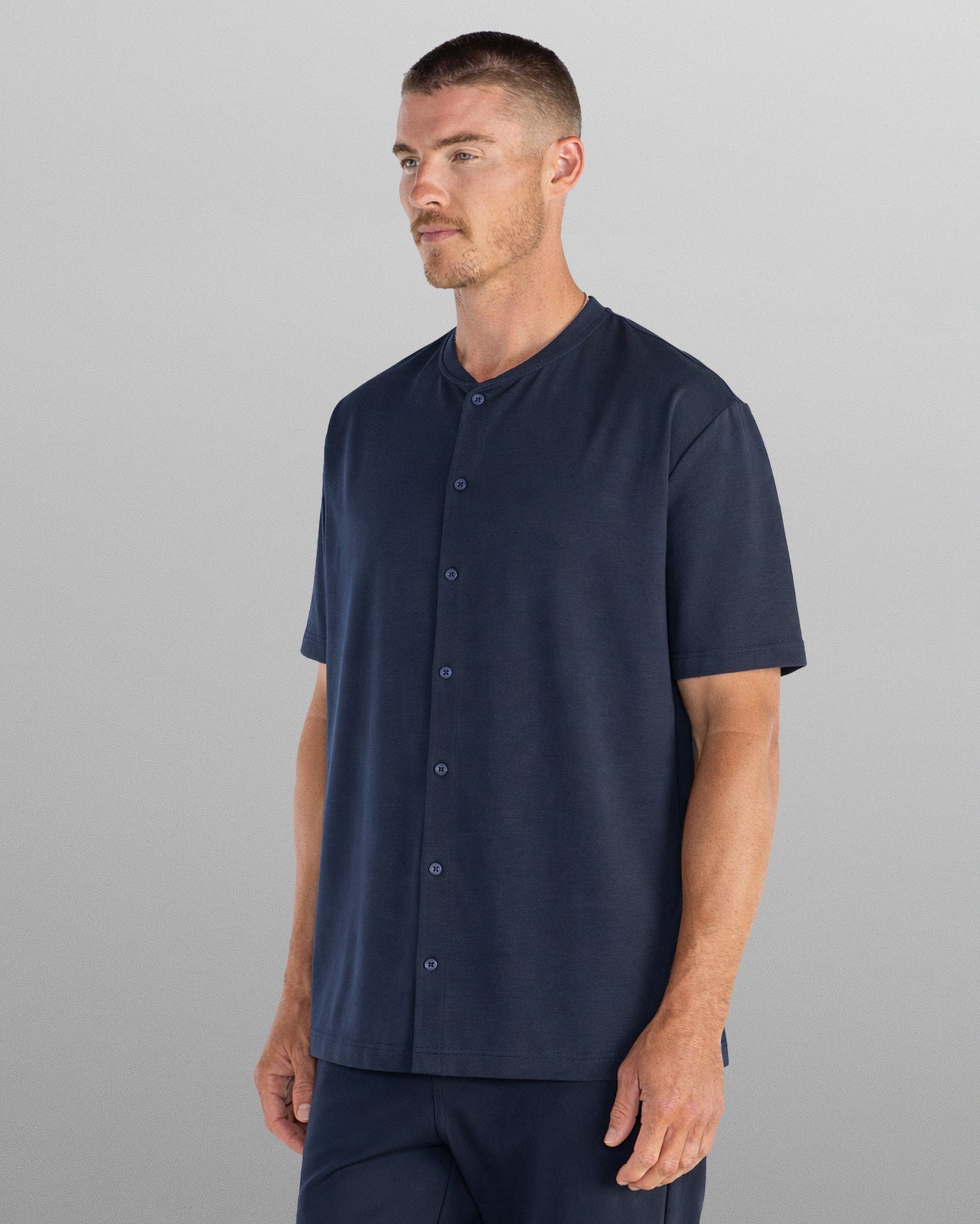 LUX Stand Collar Short Sleeve Button Down