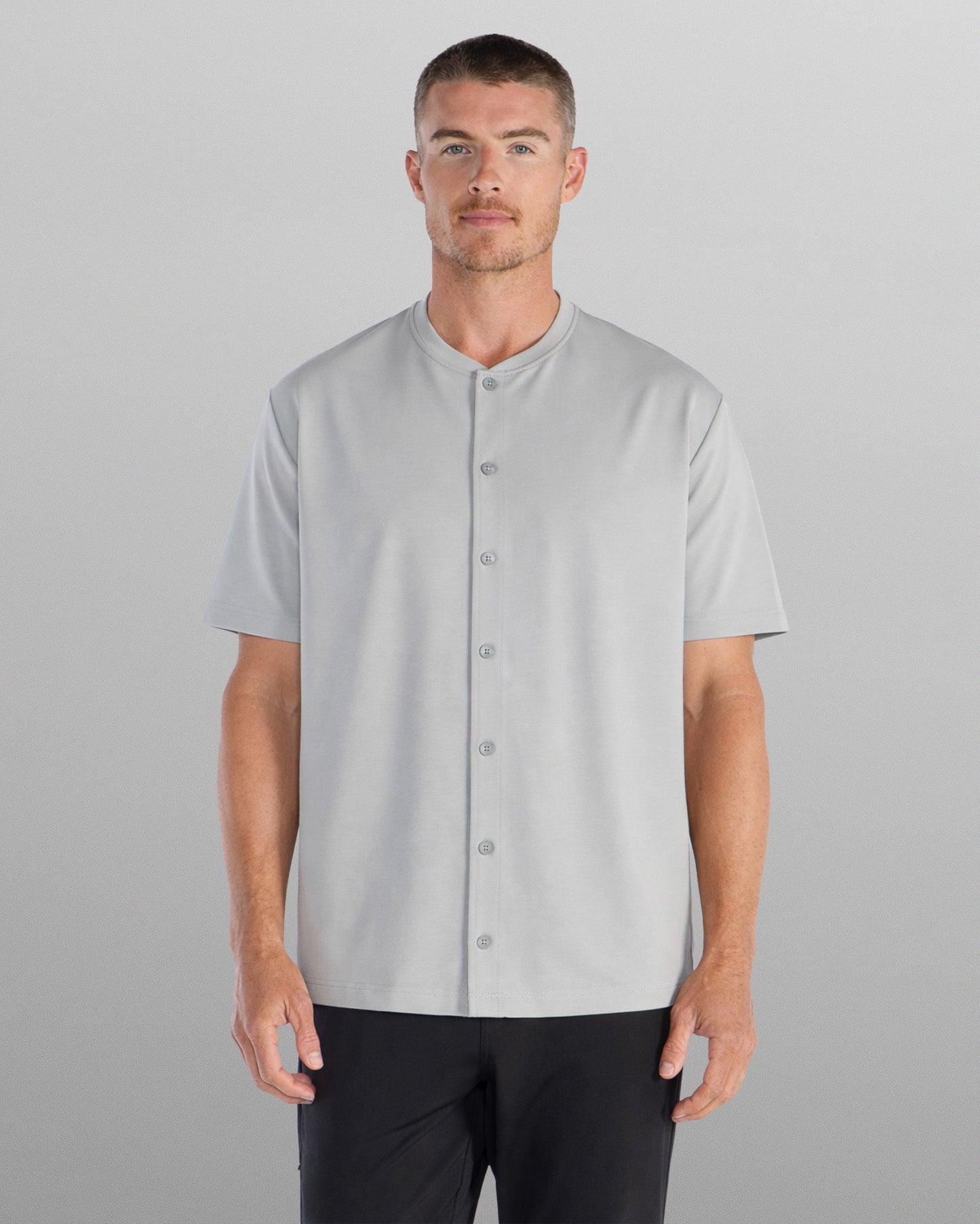 LUX Stand Collar Short Sleeve Button Down
