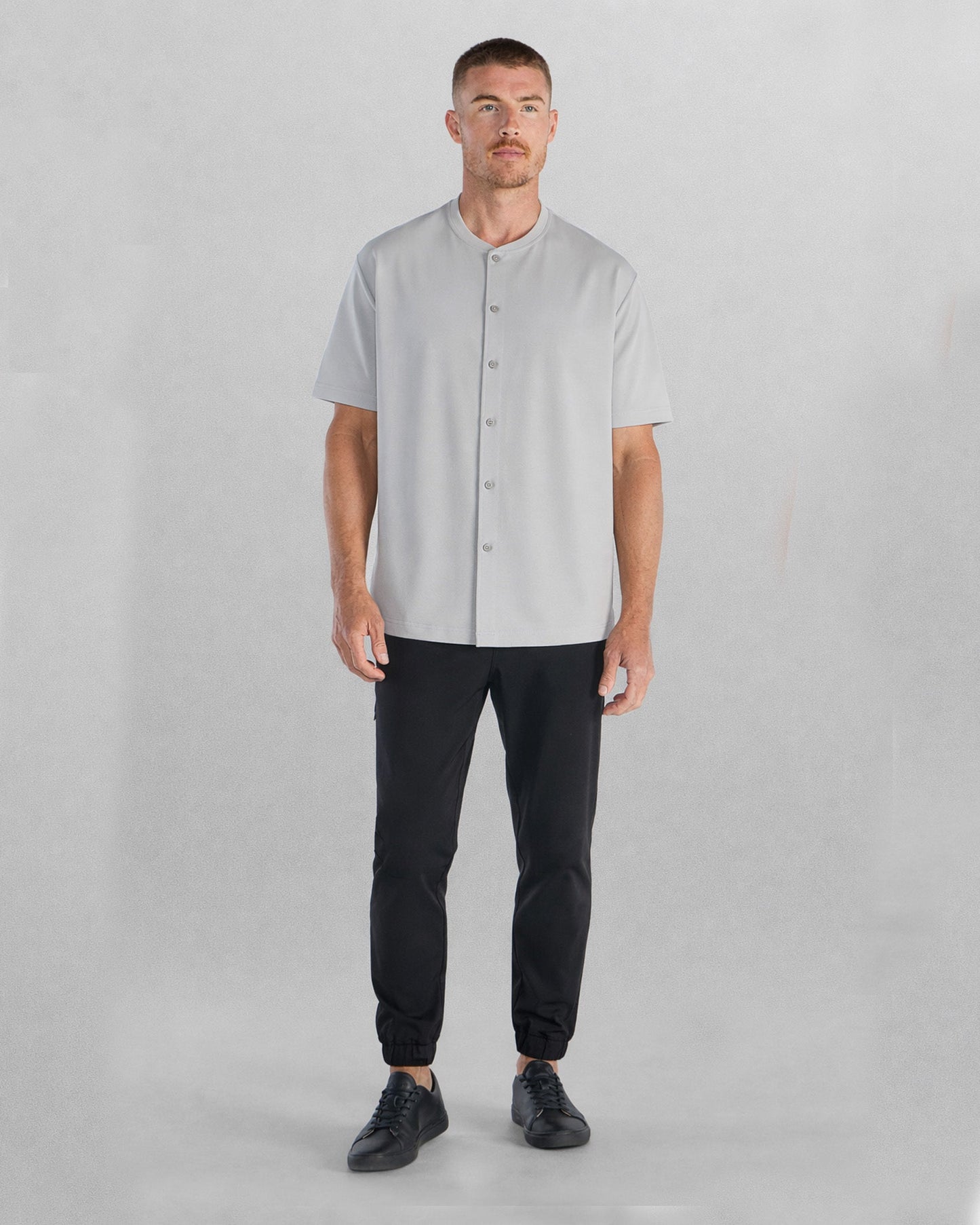 LUX Stand Collar Short Sleeve Button Down