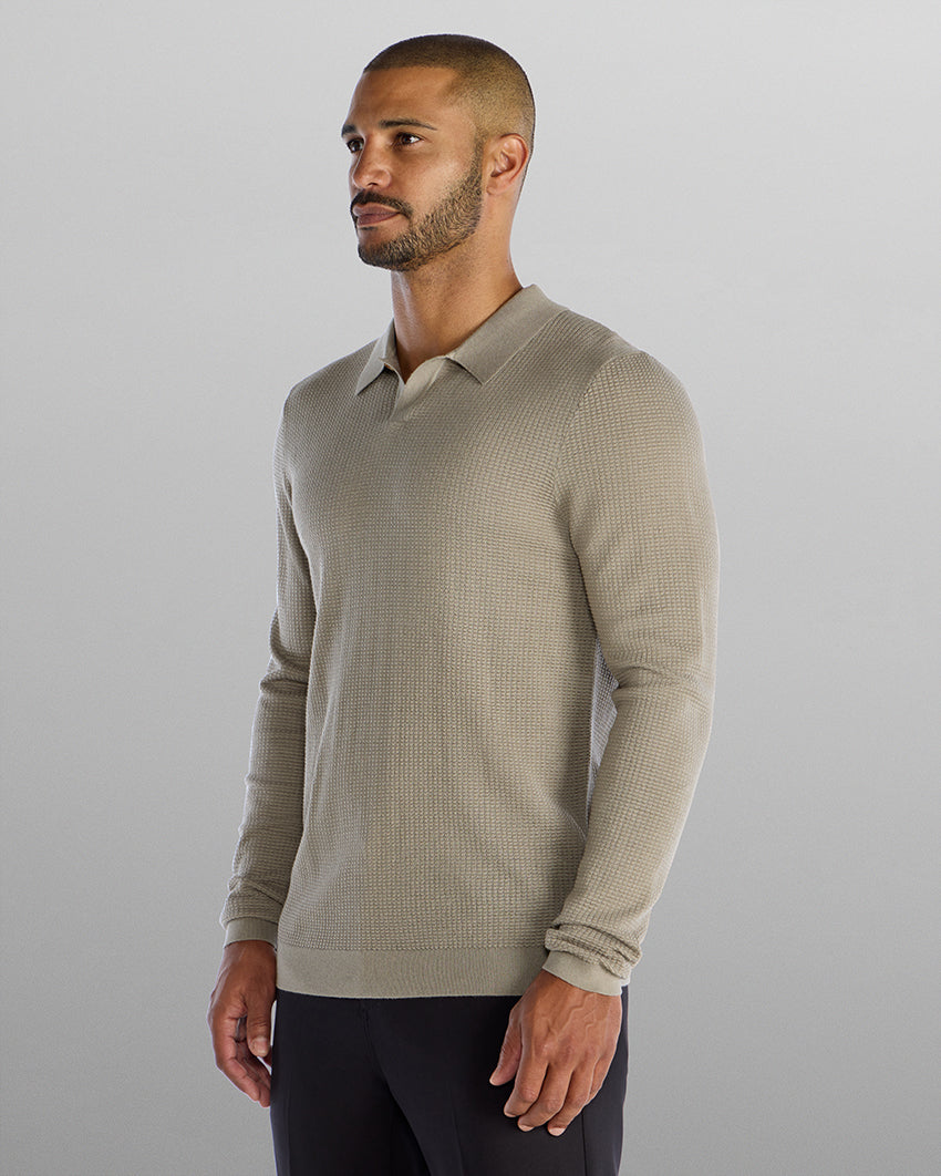 Textured Knit Long Sleeve Polo
