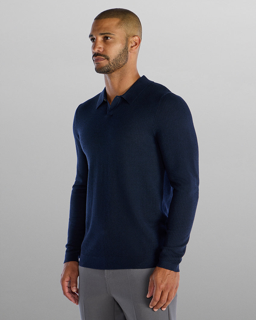Textured Knit Long Sleeve Polo
